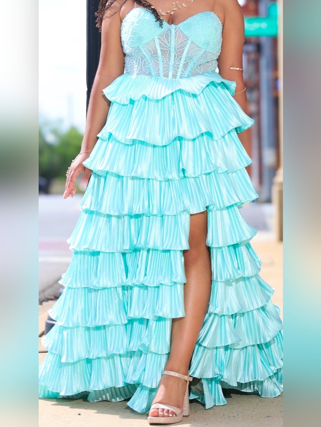 Pale Turquois/Aqua Sleeveless Sweetheart Pleated Split Prom Dress With Ruffles